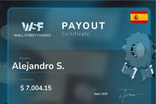 Certificado de retiro de Wall Street Funded a nombre de Alejandro S., septiembre de 2025