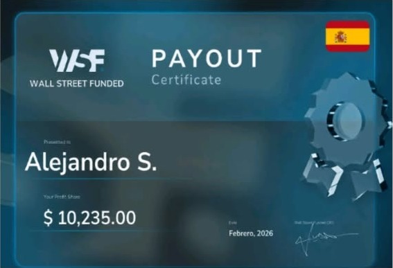 Certificado de retiro de Wall Street Funded a nombre de Alejandro S., febrero de 2026