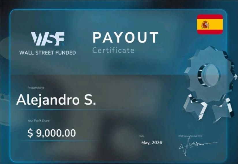 Certificado de retiro de Wall Street Funded a nombre de Alejandro S., mayo de 2026